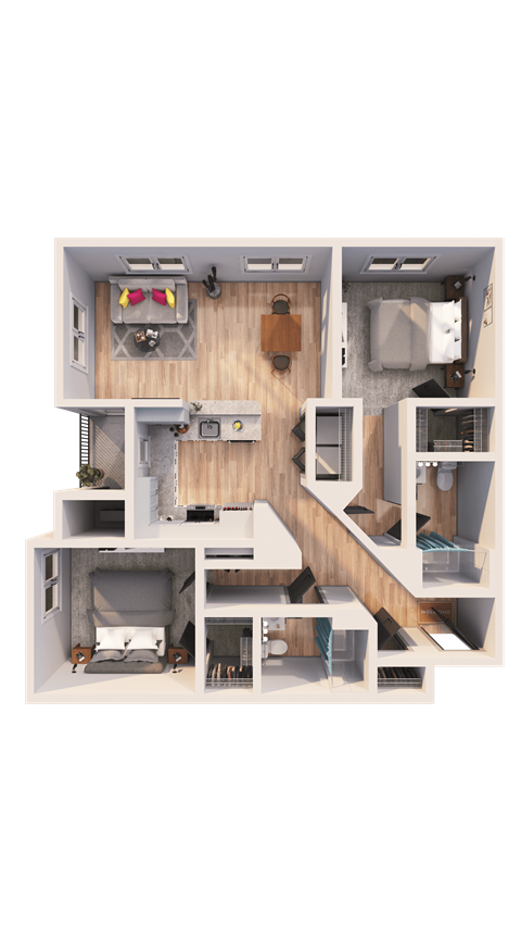Floor plan for 2 beds, 2 baths, 1066 sqft